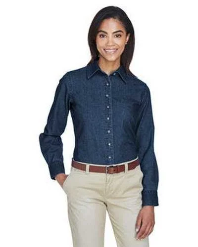 Button Down Shirts Workout-Harriton M550W Ladies' 65 oz Long-Sleeve Denim Shirt - Dark Denim