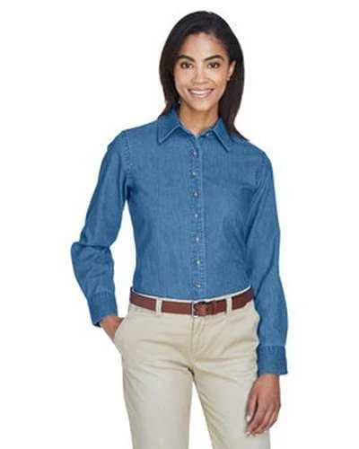 Button Down Shirts Trending-Harriton M550W Ladies' 65 oz Long-Sleeve Denim Shirt - Light Denim