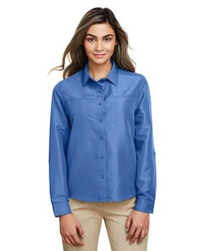 Button Down Shirts Women-Harriton M580LW Ladies' Key West Long-Sleeve Performance Staff Shirt - Pool Blue