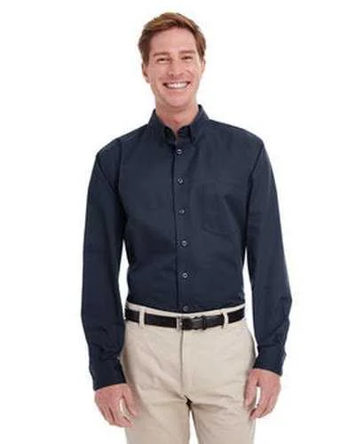 Button Down Shirts Iron-Free-Harriton M581 Men's Foundation 100% Cotton Long-Sleeve Twill Shirt withTeflon - Dark Navy