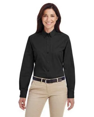 Button Down Shirts Cycling-Harriton M581W Ladies' Foundation 100% Cotton Long-Sleeve Twill Shirt withTeflon - Black