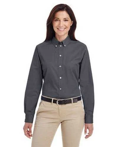 Button Down Shirts Yoga-Harriton M581W Ladies' Foundation 100% Cotton Long-Sleeve Twill Shirt withTeflon - Dark Charcoal