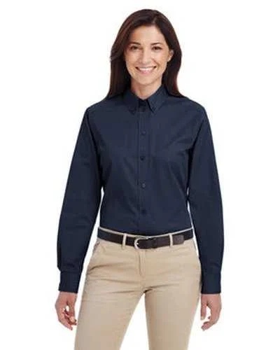 Button Down Shirts Muscle Fit-Harriton M581W Ladies' Foundation 100% Cotton Long-Sleeve Twill Shirt withTeflon - Dark Navy