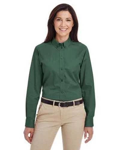 Button Down Shirts Blue-Harriton M581W Ladies' Foundation 100% Cotton Long-Sleeve Twill Shirt withTeflon - Hunter