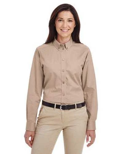 Button Down Shirts Running-Harriton M581W Ladies' Foundation 100% Cotton Long-Sleeve Twill Shirt withTeflon - Khaki