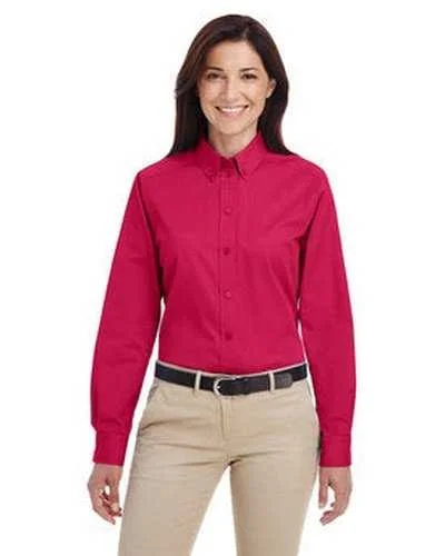 Button Down Shirts Cycling-Harriton M581W Ladies' Foundation 100% Cotton Long-Sleeve Twill Shirt withTeflon - Red