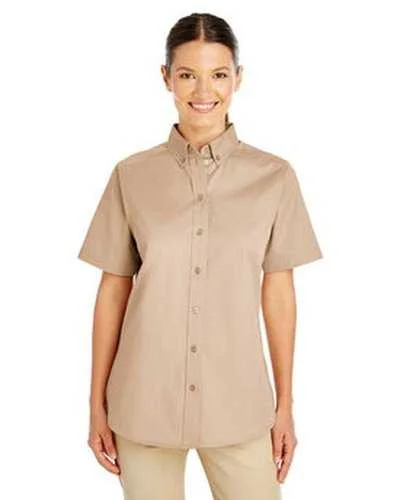 Button Down Shirts Geometric-Harriton M582W Ladies' Foundation 100% Cotton Short-Sleeve Twill Shirt with Teflon - Khaki