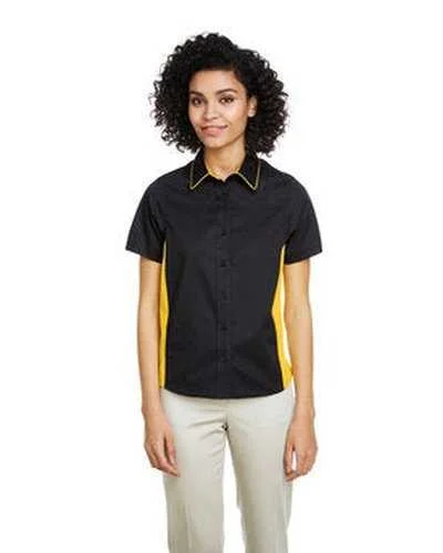 Button Down Shirts Double Pocket-Harriton M586W Ladies' Flash Il Colorblock Short Sleeve Shirt - Black Yellow