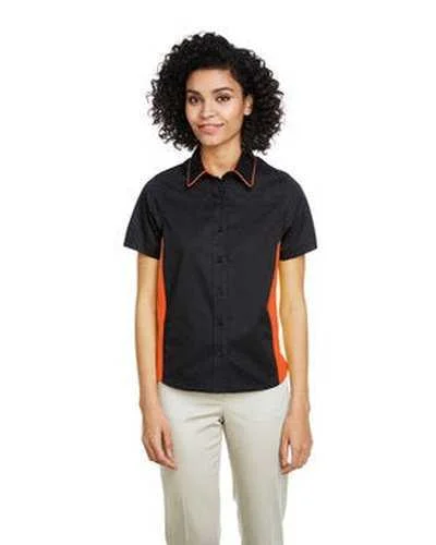 Button Down Shirts Sorority-Harriton M586W Ladies' Flash Il Colorblock Short Sleeve Shirt - Black Tm Orange