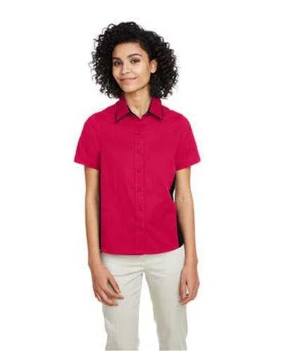 Button Down Shirts Exclusive Deals-Harriton M586W Ladies' Flash Il Colorblock Short Sleeve Shirt - Red Black