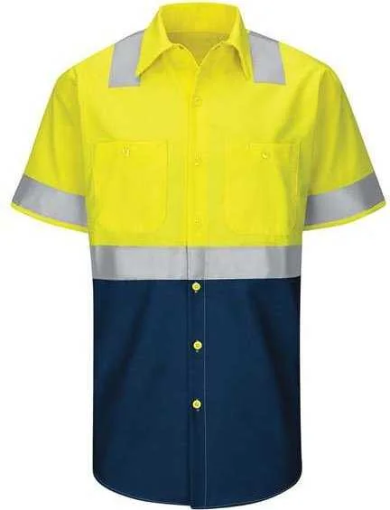 Button Down Shirts Custom-Red Kap SY24L Enhanced & Hi-Visibility Work Shirt - Long Sizes - Fluorescent Yellow Green Navy